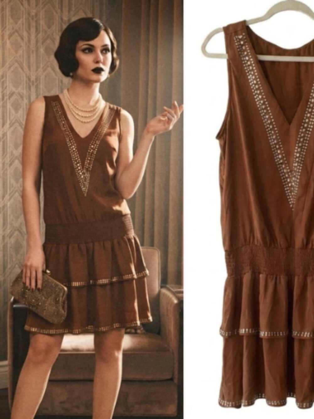 Vintage Retro 20's decade style brown mini dress Bust 38"